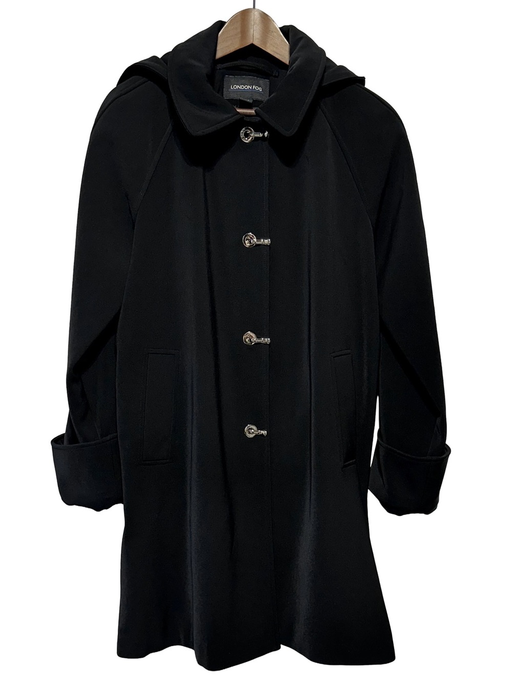 London Fog Black Fall Coat Hooded Car Coat Swing Toggle Trench Jacket L